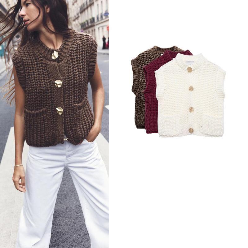 Spring New Arrival Women's Clothing Stylish Niche Style Vest Round Neck Sleeveless Thick Needle Knitting Vest 5802114