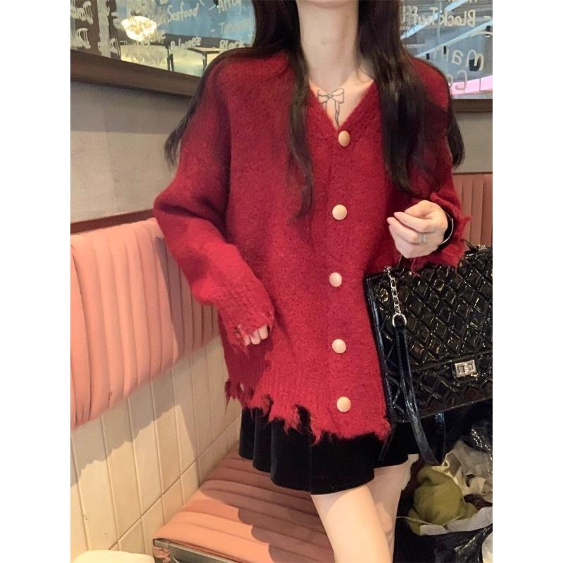 

Long-sleeved Sweater Jacket for Women s Halter Neck V-neck Tassel Fashion Cardigan Top S красный