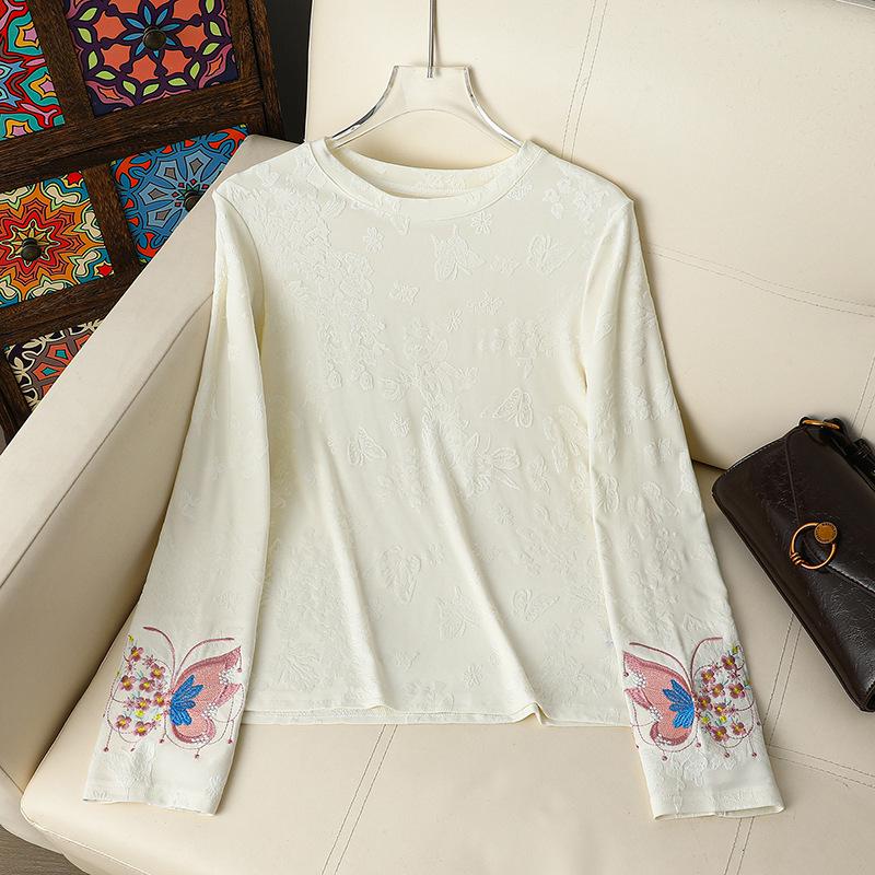 

Women s Elegant White Embroidered Floral Long Sleeve T-Shirt, Round Neck, National Style Jacquard Base Layer Top XL for 85-100 lbs