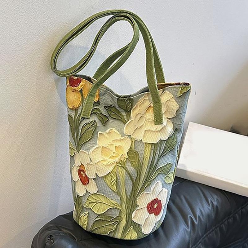 Nová velkokapacitní taška Bucket Bag, módní crossbody taška, ležérní, všestranná úložná taška přes rameno, akvarelový květinový vzor, ​​denní dojíždění, plátěná taška