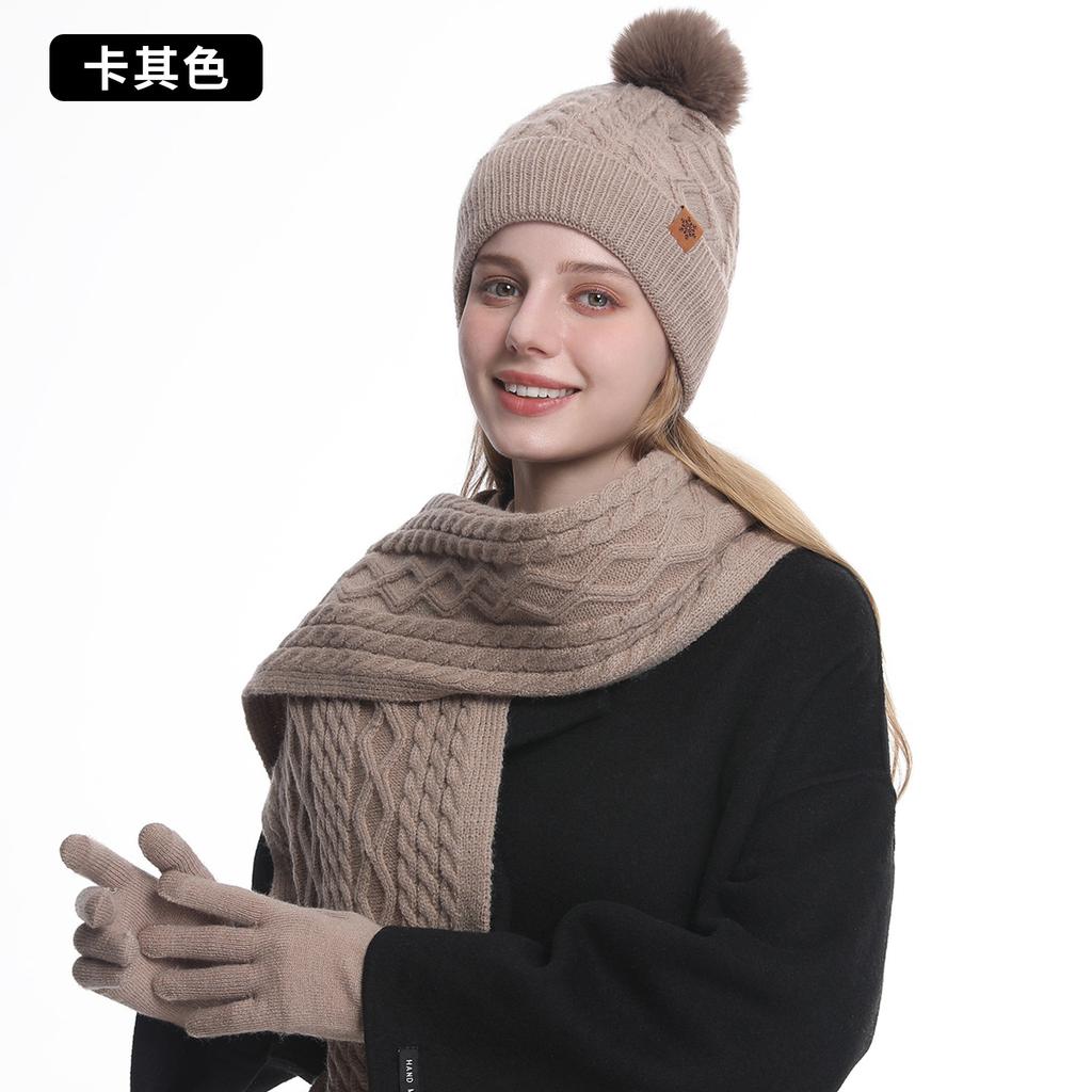 Knitted hat, scarf, gloves, three-piece set, women's winter velvet, warm outdoor riding, ear protection, wool, knitted hat