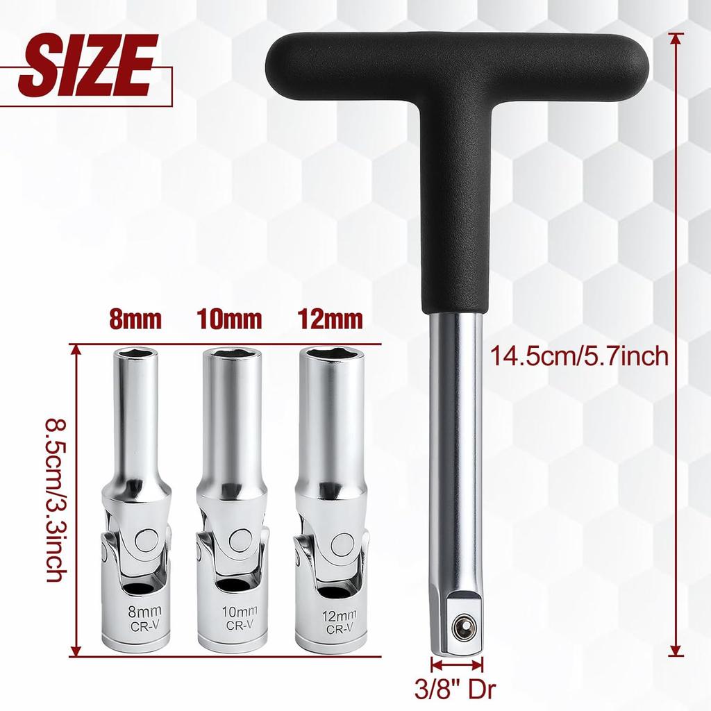 4 PCS Glow Plug Removal Tool with 3/8" Drive T-Bar, 8mm 10mm 12mm Universal Joint Swivel Glow Plug Socket Set Glow Plug Wrench Extractor Kit for