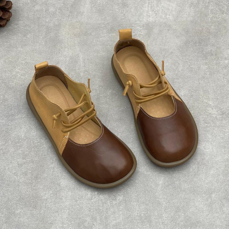 Johnature Handmade Genuine Leather Round Toe Mixed Colors Women's Flat Shoes Elastic Band Slip-on Loafers