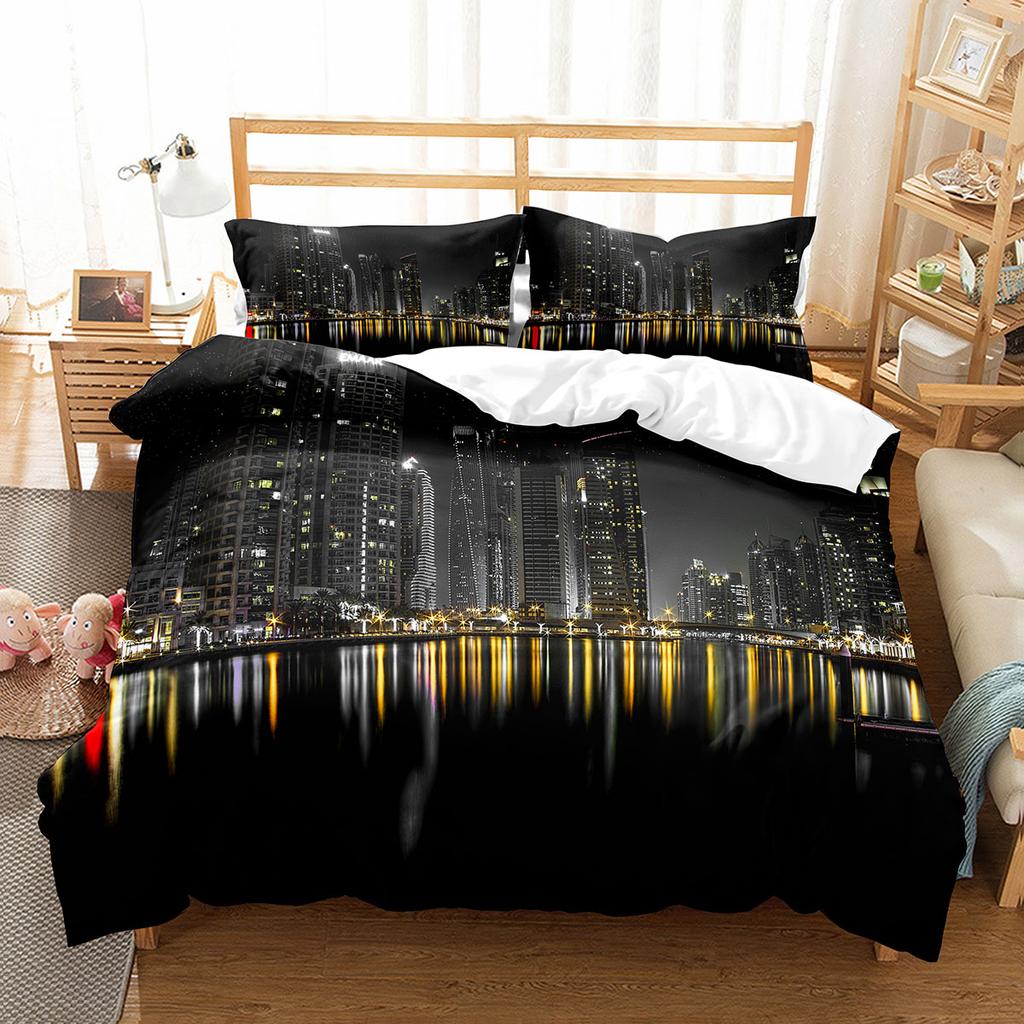 Cityscapes King Queen Duvet Cover Tall Buildings Landscape Bedding Set Busy Traffic View Quilt Cover Polyester Comforter Cover