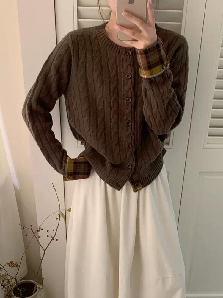 Korean Faux Two-Piece Plaid Patchwork Loose Wool Knit Cardigan for Women - Autumn/Winter High-End Sweater