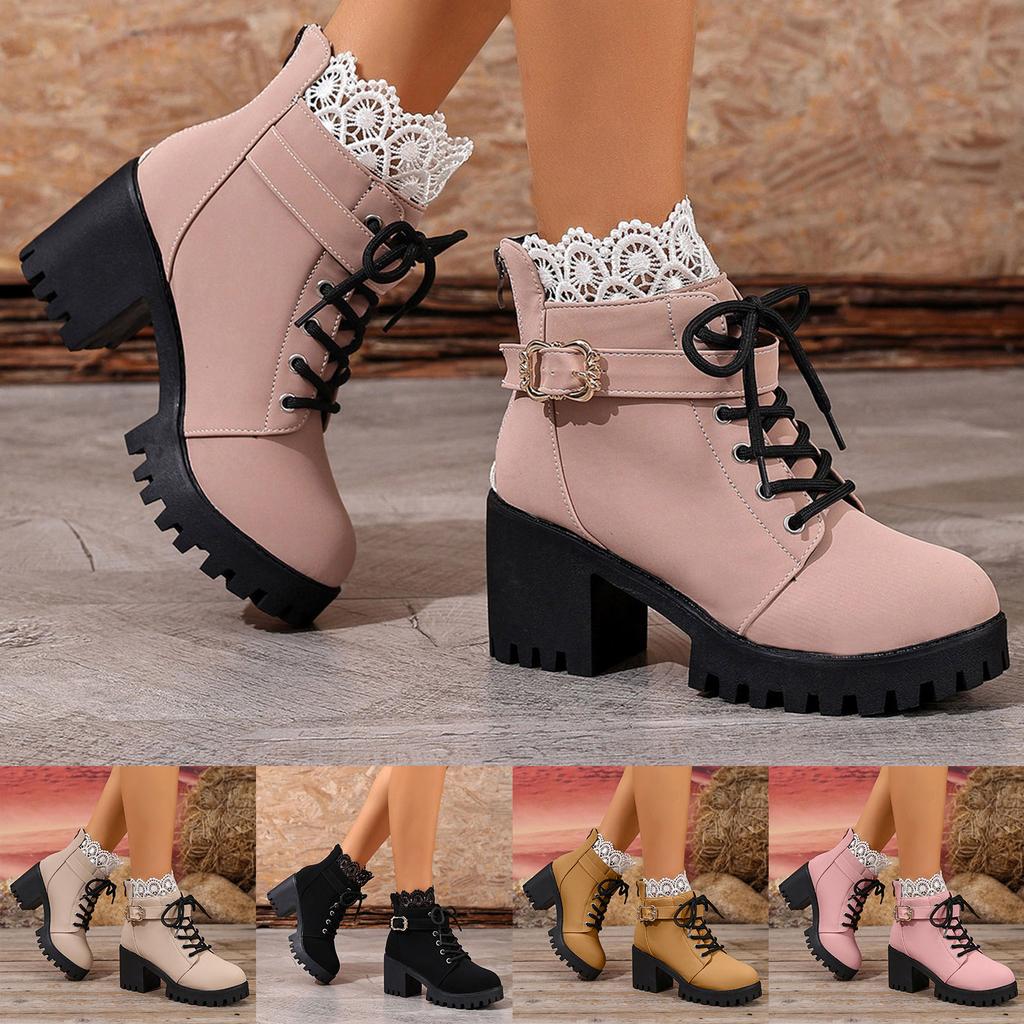 Solid Versatile Large Size Thick Heel Mid Heel Short Sleeve Leather Boots For Women Lace Up Round Toe Womens Boots Size 12