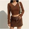 Women's Lace Ribbed Knit Long Sleeve T-shirt, Solid Color Bodycon Cropped Top, Streetwear Fashion
