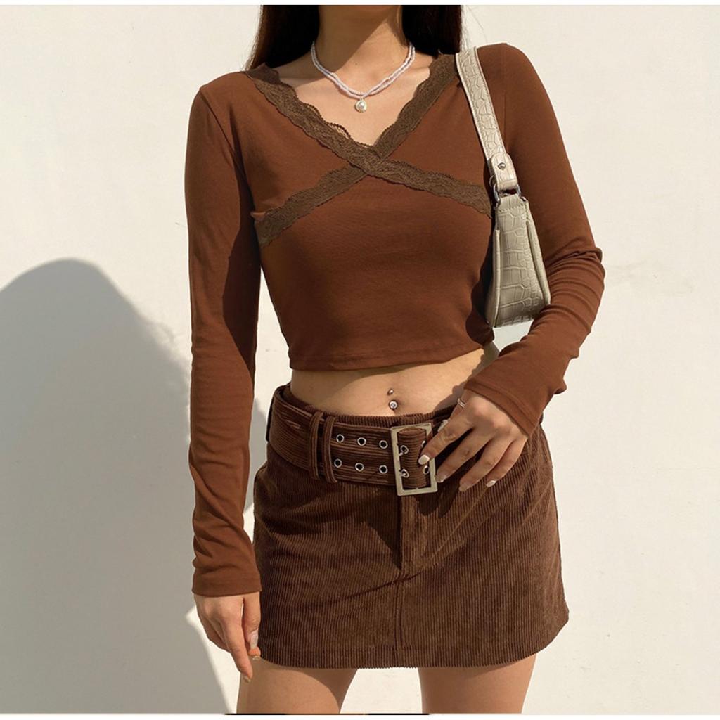 Women's Lace Ribbed Knit Long Sleeve T-shirt, Solid Color Bodycon Cropped Top, Streetwear Fashion