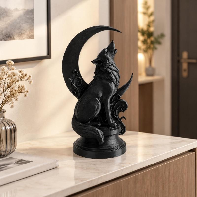 3D Printed Wolf Sculpture with Visible Layered Texture, Moon and Scrollwork Composition for Animal-Themed Entryway or Living Room Decors