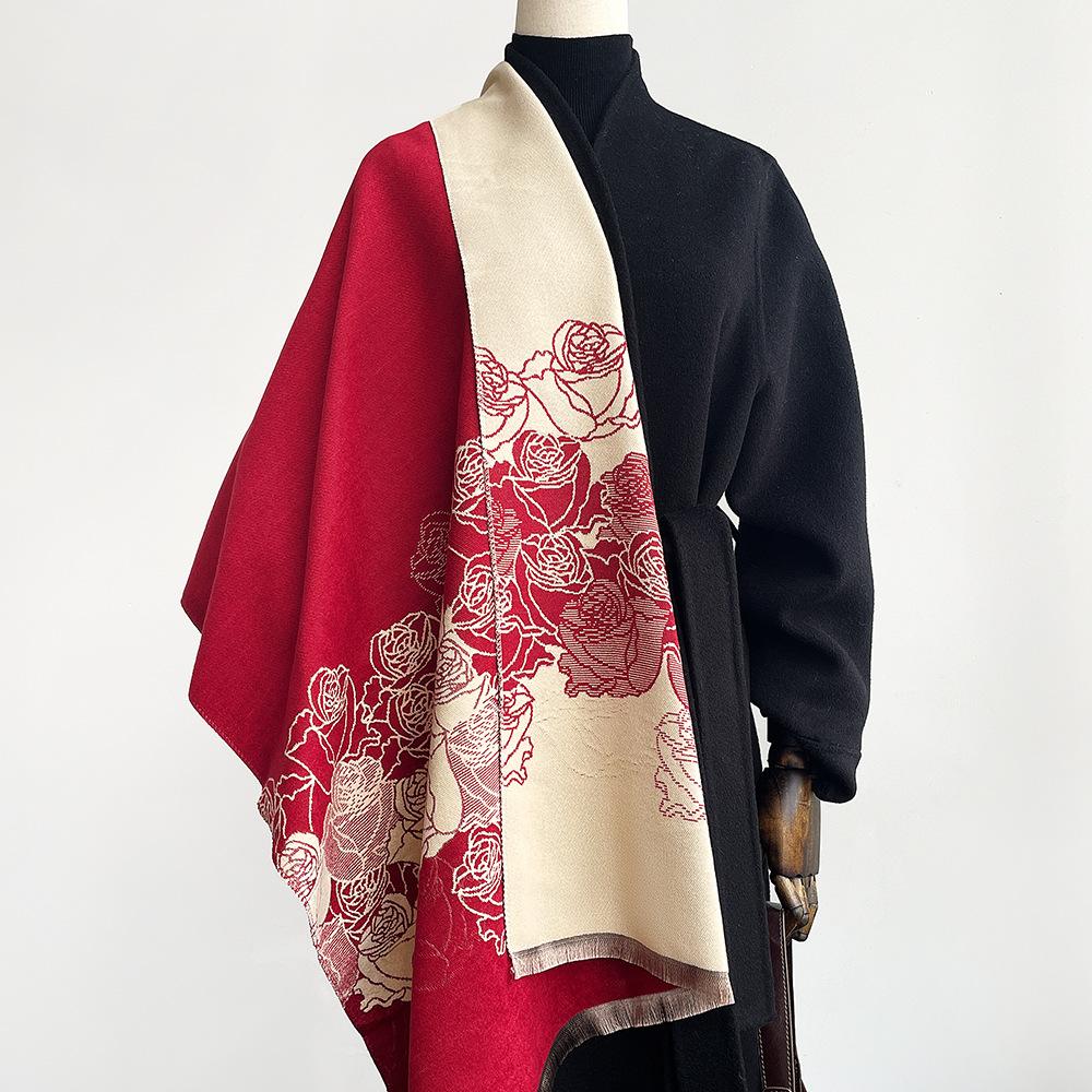 New camellia jacquard imitation cashmere scarf female tassel high-end red shawl gift scarf