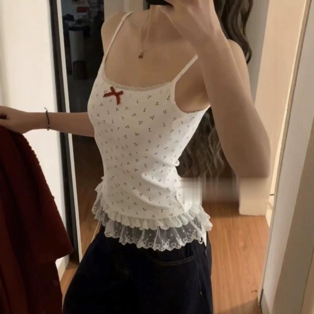 Gentle Wind Bow Lace Suspender Vest Women's Summer New Slim Lace Hem Top