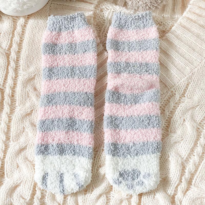 Cat Paw Striped Cute Socks Coral Fleece Winter Women Socks Thick Thermal Floor Sleeping Socks Candy Color Velvet Sock Warm