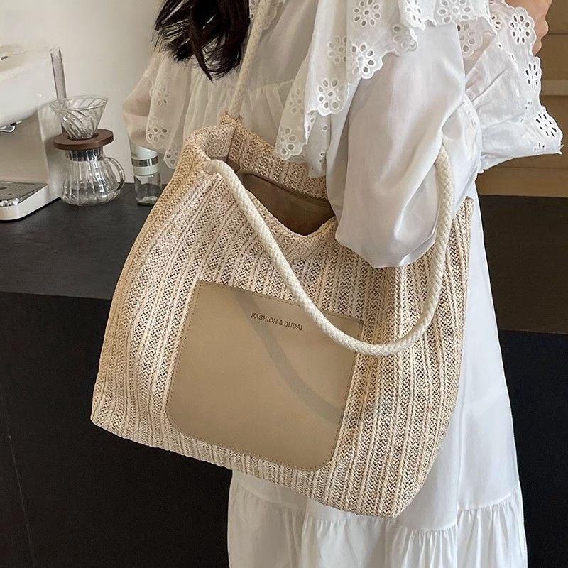 Strand Stroh Geflochtene Urlaubs Schulter Handtasche mit Großer Kapazität - Modische Lässige Tote für Ausflüge und Pendeln