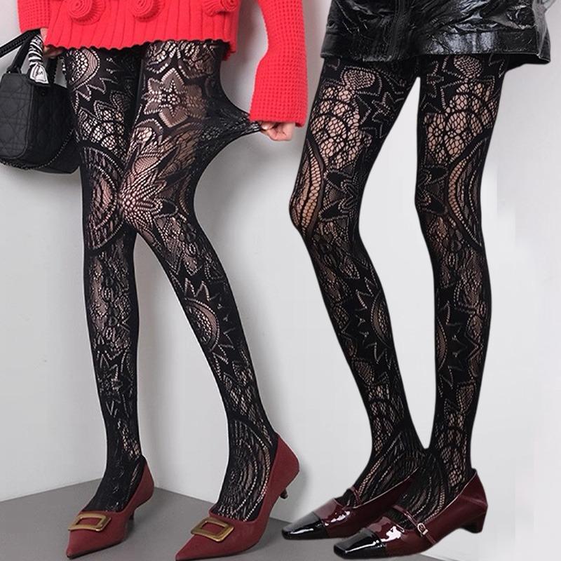 Women Sexy Plus Size Jacquard Mesh Fishnet Stockings New Western-Style Retro Sun Flower Totem Pattern Pantyhose Evil Goth Tights