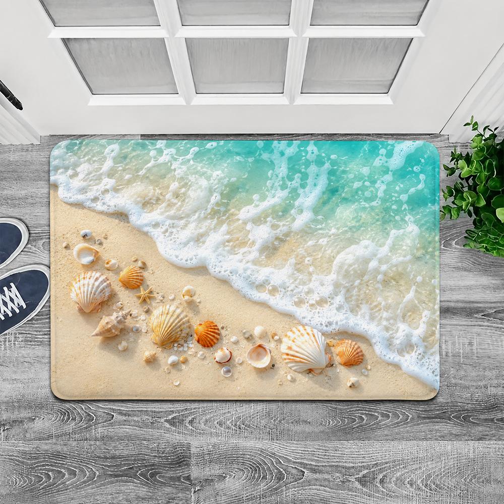 Ocean Waves Beach Shells Floor Mat Flannel Door Mat Non-Slip Washable Foam Entryway Rug for Bathroom Bedroom Entryway