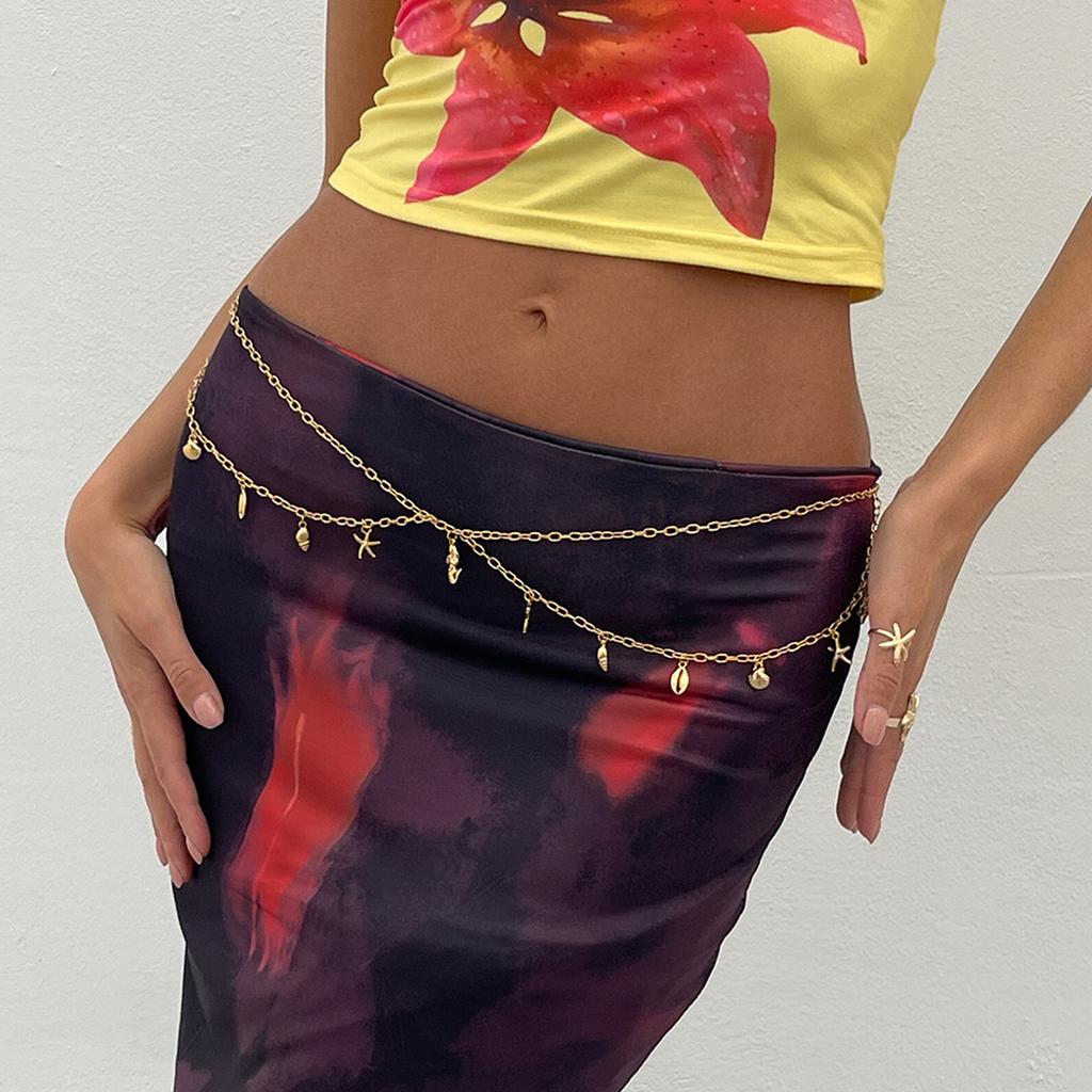 Sexy Metal Sun Star Moon Pendant Waist Chain, Sexy Holiday Wind Starfish Shell Body Chain Female