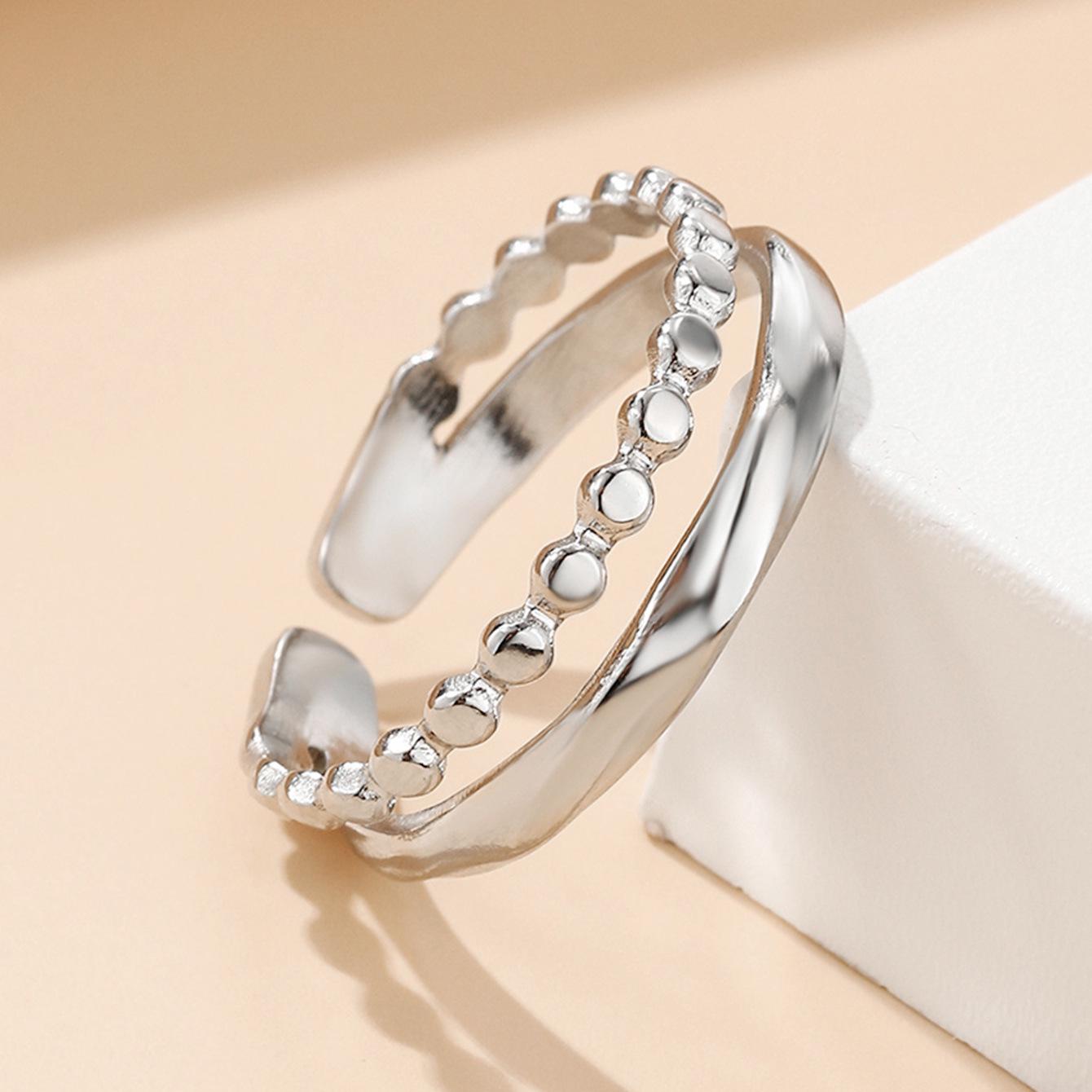 Elegant Stainless Steel Double Layer Irregular Opening Ring for Women - Fashionable European  American Style