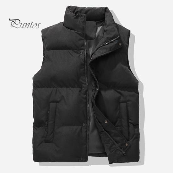Men Windproof Vest Stand Collar Sleeveless Button Zipper Closure Waistcoat with Pockets Solid Color Thickened Down Vest Coat