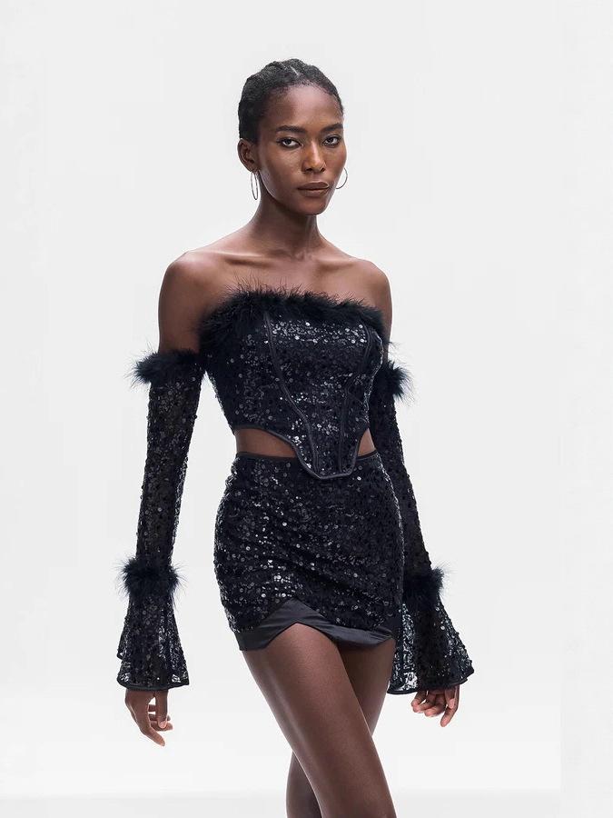 Plush Sequin Off-Shoulder Sexy Set: Long-Sleeve Top & Hip-Hugging Mini Skirt