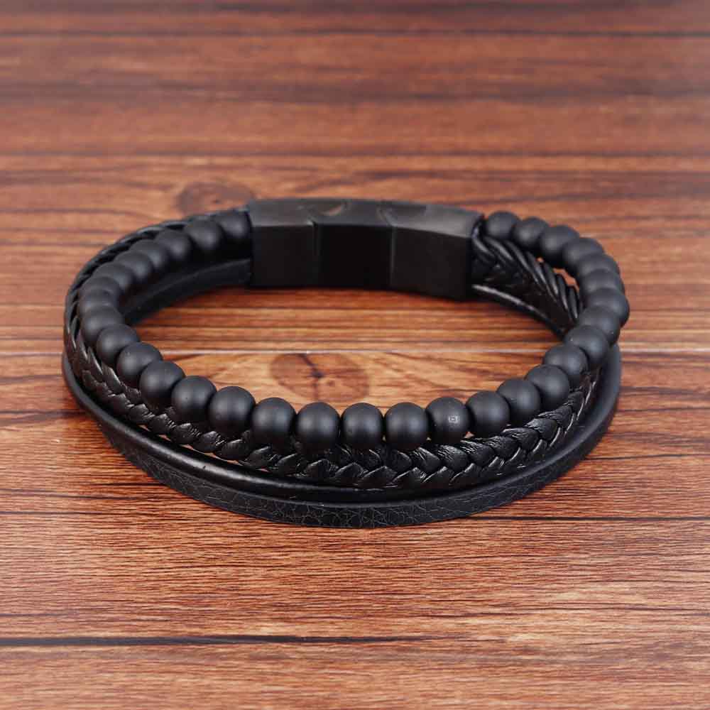 Punk Men Braid Bracelet Multilayer Leather Natural Stone Beaded Bangle Stainless Steel Magnetic Clasp Male Jewelry