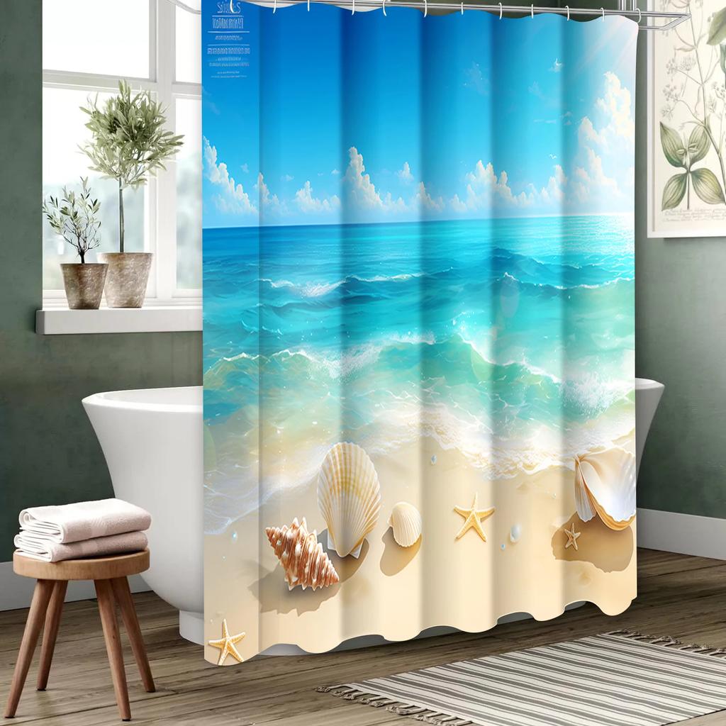 Beach Shells Pattern Bathing Curtain  Bathroom Shower Curtain Waterproof With 12 Hooks Home Deco