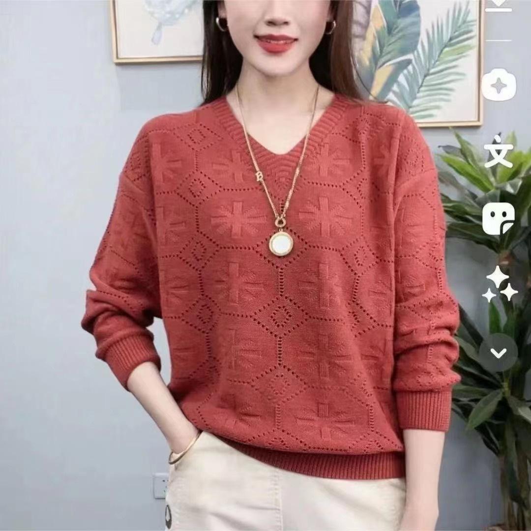 

Весна и осень новый свитер трикотаж ажурный V-образный вырез универсальный модный свободный низ футболка маленькая рубашка женская повседневная однотонная 3XL кирпич красный