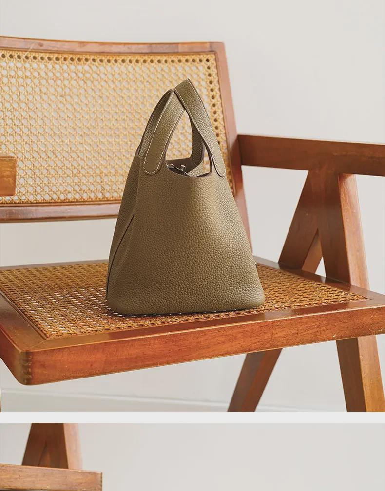 Black Genuine Leather Lychee Pattern Bucket Tote Bag for Women