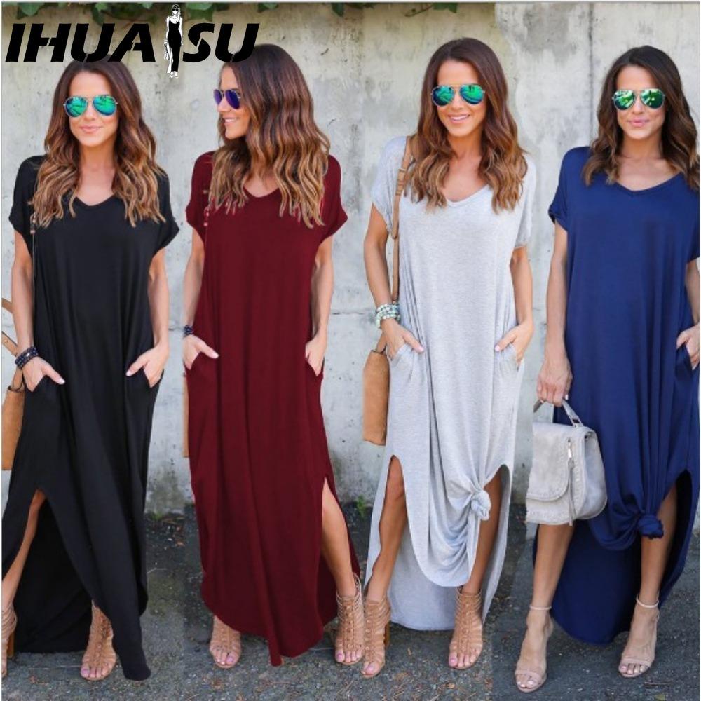IHUASU Sexy Damesjurk Grote Maat 5XL Zomer Effen Casual Korte Mouw Maxi Jurk voor Dames Lange Jurk Damesjurken