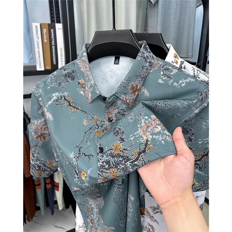 Chinese Style Ink Plum Blossom Short Sleeved Shirt For Men Retro Breathable Shirt