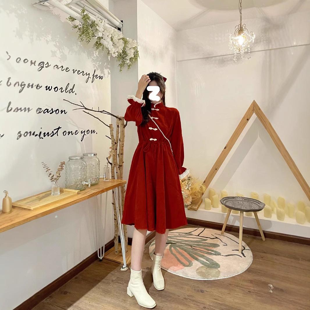 

2024 Retro Hepburn Style Red Slimming Autumn/Winter Dress S червоний