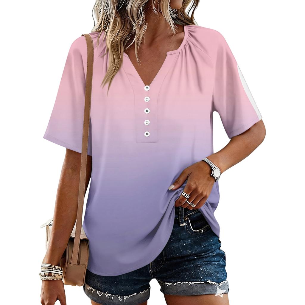 Women's Fashionable Casual Floral Print Button V-neck Short-sleeved Top