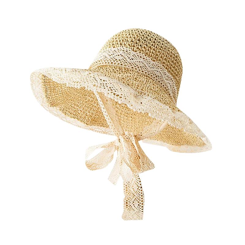 1Pieces Women Lace Visors Hat Wide Large Brim Beach Hats Summer Straw Hat Foldable Sun Hat Fashion Mountaineering Scarf