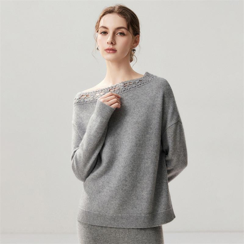Lekasha Women's Off-Shoulder Cashmere Goat Wool Sweater - Autumn/Winter, 7-Gauge Crochet Knit, Lazy Style Base Layer