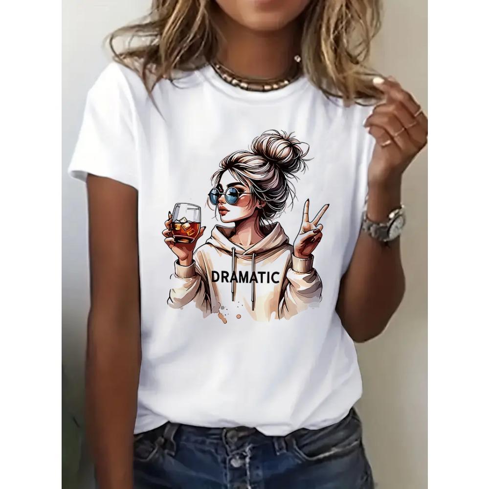 Streetwear 90s Women's Casual Graphic T-Shirt Dramatic Print with Wine Print Short Sleeve T Shirt Clothing Top Tee
