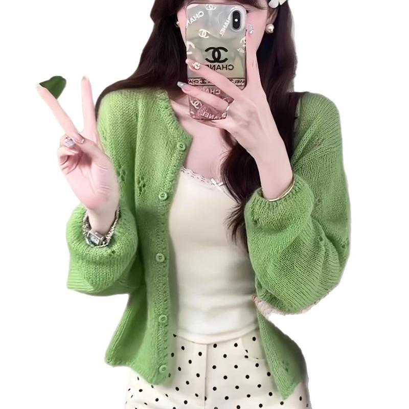Gentle wind hook-up hollow green knitted cardigan women's early spring new niche soft waxy comfortable top