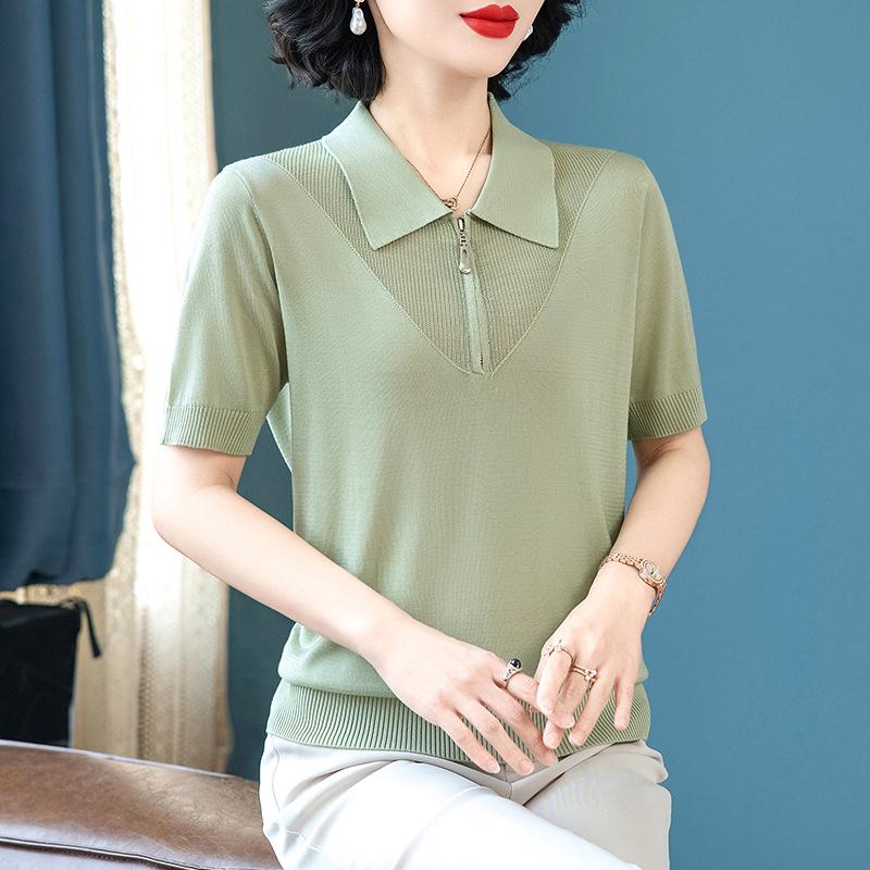 

Women s Tencel Short-Sleeved Lapel T-Shirt - 2026 Summer Fashion for Mothers, Lightweight Silk Knit Cardigan Style. 4XL (Recommended for 135-150 jin) зелений