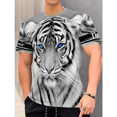 Graphic Tiger Print Men's Creative Top, Casual Crew Neck Short Sleeve Slightly Stretch T-shirt For Summer Outdoor