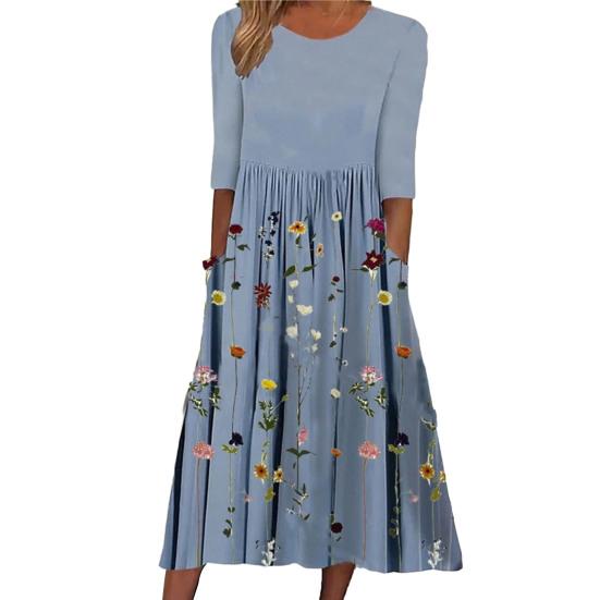 Damen Sommer Fließendes Midi-Kleid Boho Floral Plissiertes Kleid mit Taschen Lässig Halbarm Rundhals Schwingkleid