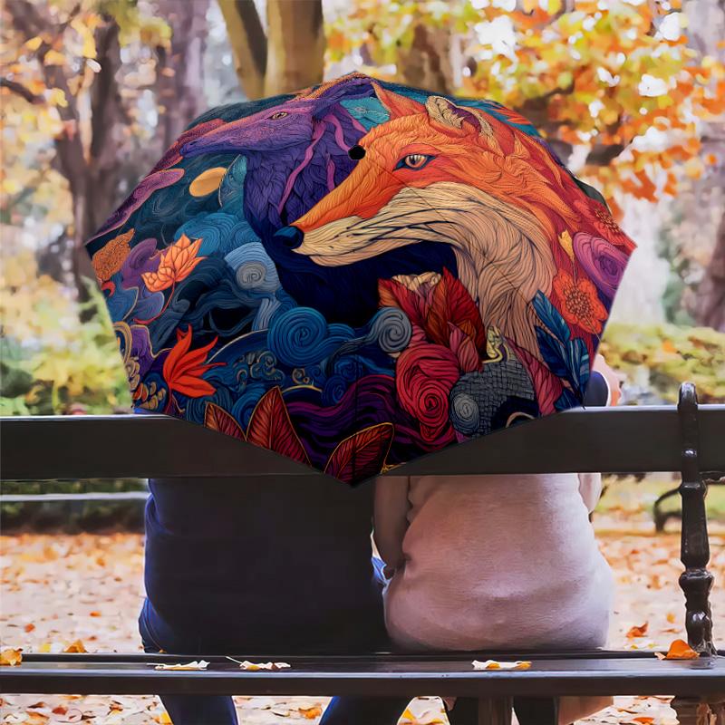 0106 Leaf Fox  Pattern, Automatic Folding Umbrella, Portable and Foldable Design, 8 Ribs, a Christmas or Birthday Gift.