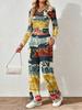 Floral pattern printed women's V-neck long-sleeved trousers set Comfortable casual versatile slim two-piece set