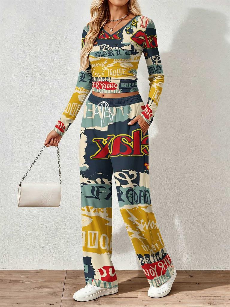 Floral pattern printed women's V-neck long-sleeved trousers set Comfortable casual versatile slim two-piece set