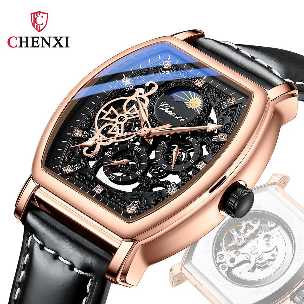 Chenxi Retro Hollow Skeleton Mens Automatic Mechanical Watch Waterproof Moon Phase Tourbillon Watches Luxury Tonneau Business Wristwatch