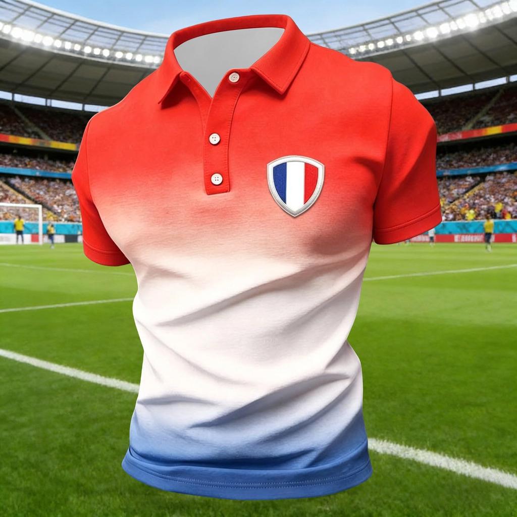 Unisex Casual Short Sleeve Polo Shirt France Print Loose Fit Breathable Lightweight Button Collar Top for Everyday Wear