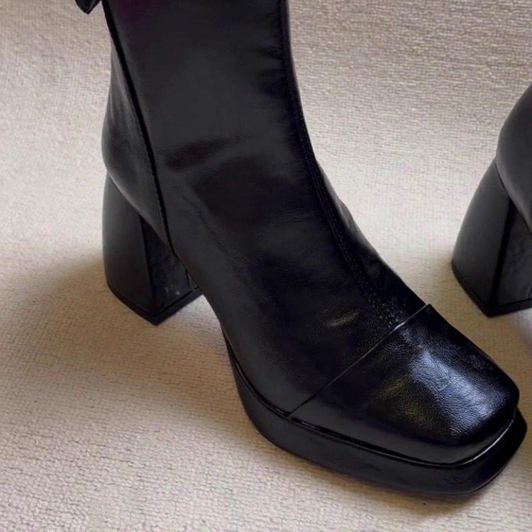 French Retro Square Head High-Heeled Short Boots Women'S Fashion Sense Rear Zipper Thin Boots