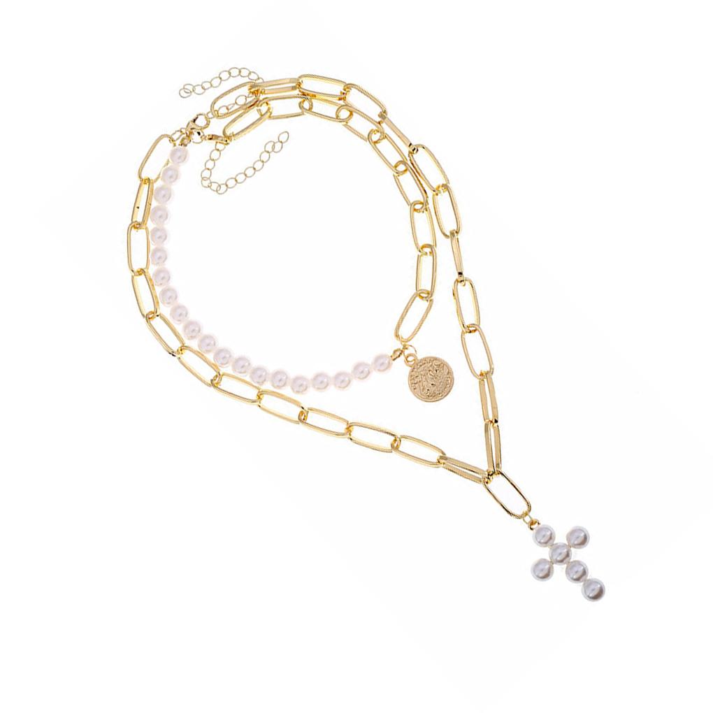 2 Layer Faux Pearl Necklace Round Figure Pendant Thick Chain Choker Jewelry Gift for Girls Women