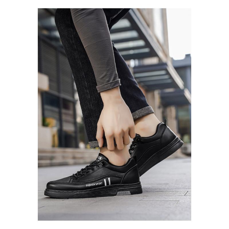 Mens Fashion Versatile Thick Sole Leather Low Top White Casual Board Shoes