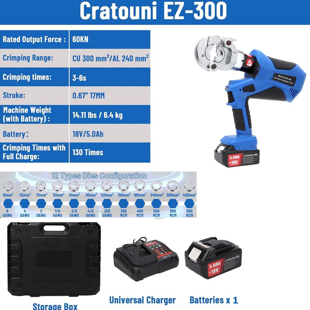 EZ-300 EZ-400 Electric Hydraulic Plier Rechargeable Hydraulic Crimping Plier w Battery Cable Copper Aluminum Terminal Crimp Tool