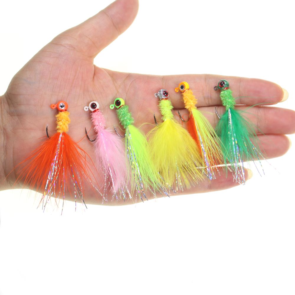 6 STÜCKE 6 Farben Marabou Crappie Jigkopf Haken Eisfischen Panfish Sonnenfisch Forelle Walleye Angelköder Haken