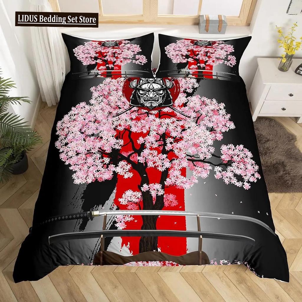 Japanischer Schwarz-Weiß-Tuschestil Samurai-Schwert Rote Sakura 3D Bettbezug-Set Queen-Size Bushido-Kultur Bettwäsche-Set Bettdecken-Set