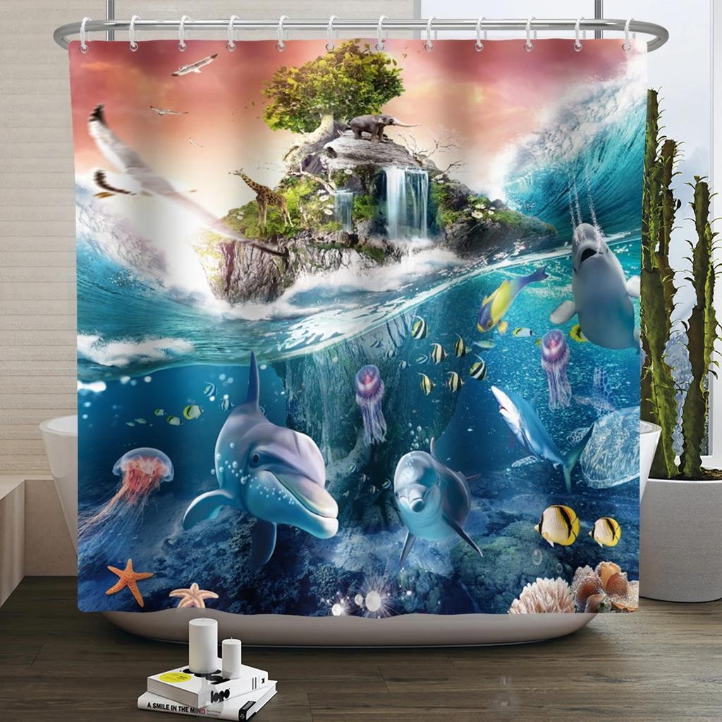Sea Animals Shower Curtain 3D Dolphin Turtle Octopus Jellyfish Undersea World Bathroom Decoration Kids Polyester Bathtub Curtain
